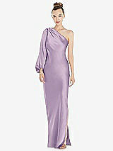 Front View Thumbnail - Pale Purple One-Shoulder Puff Sleeve Maxi Bias Dress with Side Slit