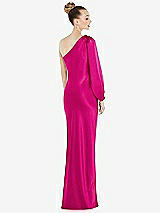 Rear View Thumbnail - Think Pink One-Shoulder Puff Sleeve Maxi Bias Dress with Side Slit