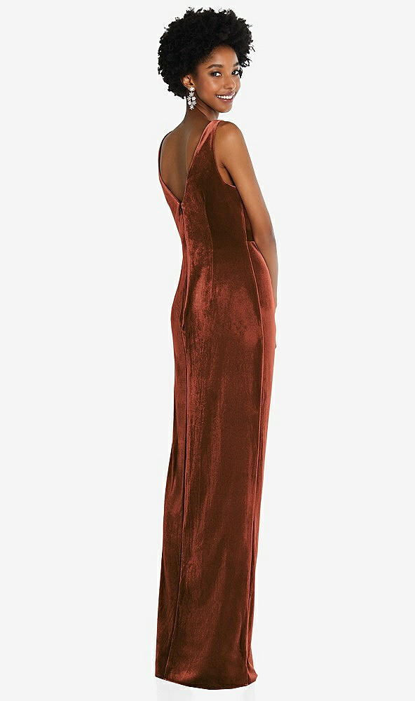 Back View - Auburn Moon Draped Skirt Faux Wrap Velvet Maxi Dress