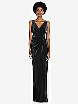 Front View Thumbnail - Black Draped Skirt Faux Wrap Velvet Maxi Dress