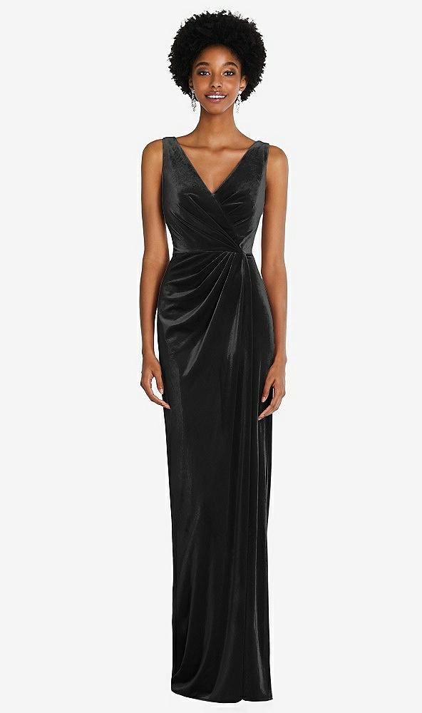 Front View - Black Draped Skirt Faux Wrap Velvet Maxi Dress