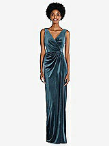 Front View Thumbnail - Dutch Blue Draped Skirt Faux Wrap Velvet Maxi Dress