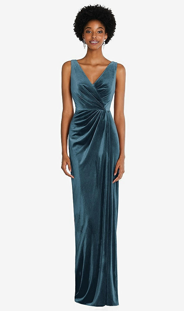 Front View - Dutch Blue Draped Skirt Faux Wrap Velvet Maxi Dress