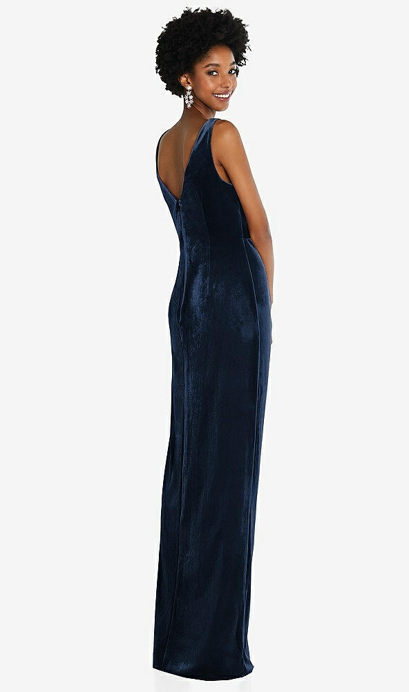 Back View - Midnight Navy Draped Skirt Faux Wrap Velvet Maxi Dress