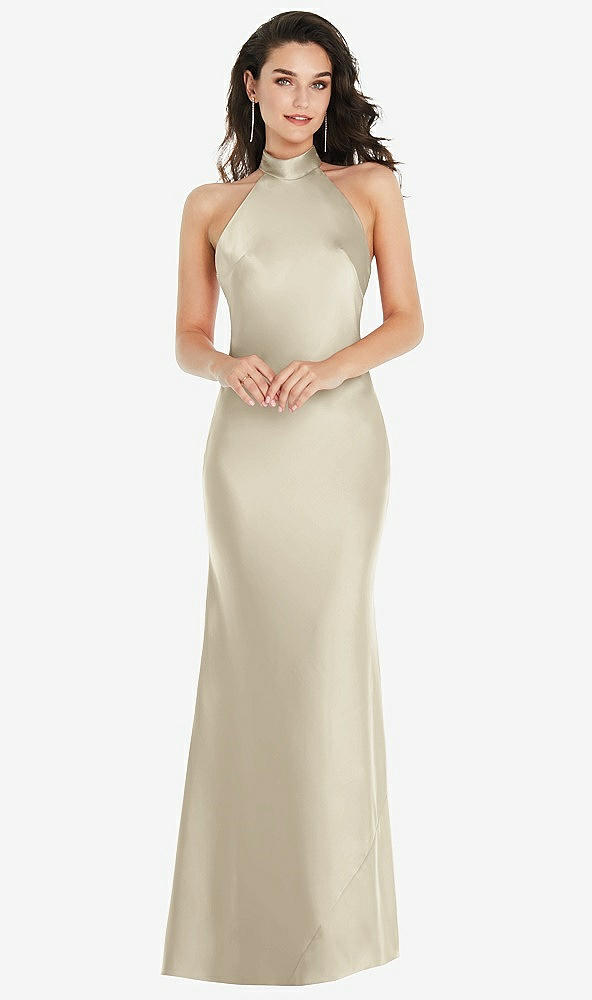 Front View - Champagne Scarf Tie High-Neck Halter Maxi Slip Dress