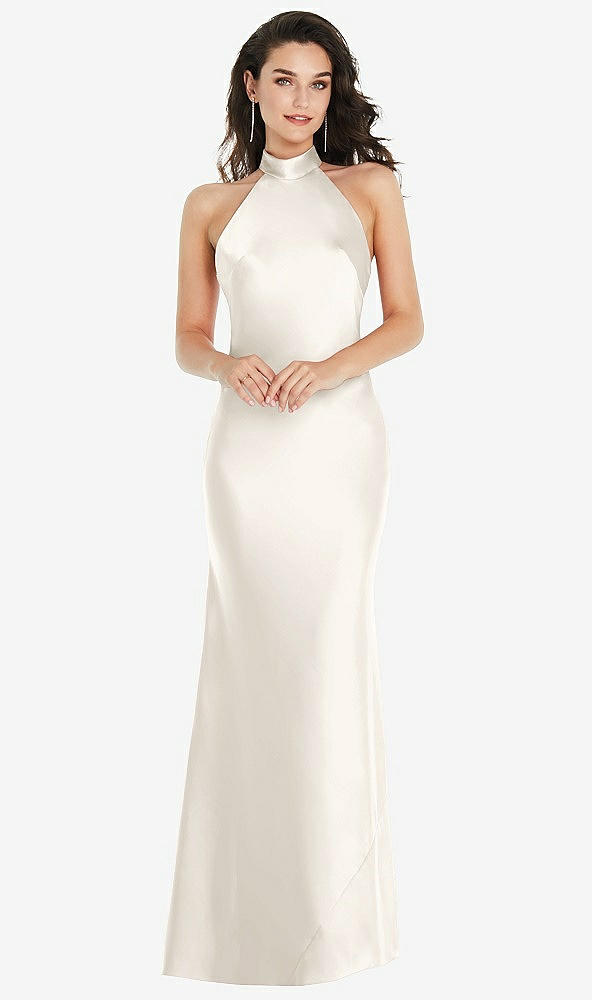 Front View - Ivory Scarf Tie High-Neck Halter Maxi Slip Dress