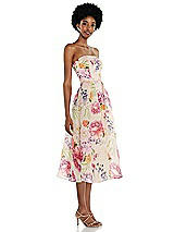 Side View Thumbnail - Penelope Floral Print Strapless Pink Floral Organdy Midi Dress