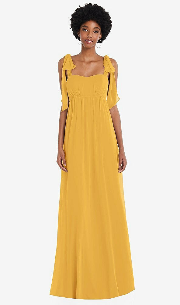 Front View - NYC Yellow Convertible Tie-Shoulder Empire Waist Maxi Dress