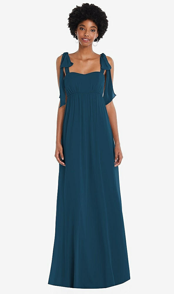 Front View - Atlantic Blue Convertible Tie-Shoulder Empire Waist Maxi Dress