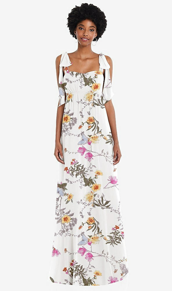 Front View - Butterfly Botanica Ivory Convertible Tie-Shoulder Empire Waist Maxi Dress