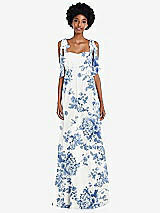 Front View Thumbnail - Cottage Rose Dusk Blue Convertible Tie-Shoulder Empire Waist Maxi Dress