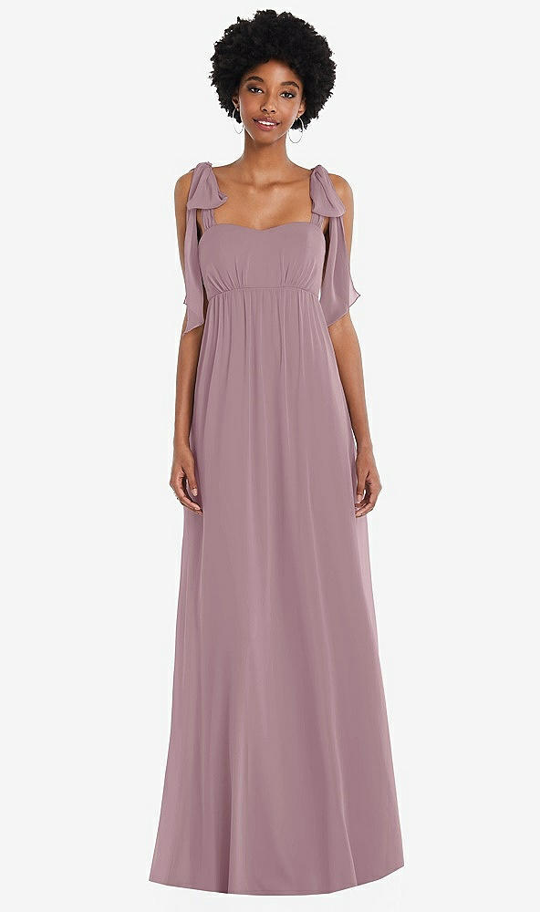 Front View - Dusty Rose Convertible Tie-Shoulder Empire Waist Maxi Dress