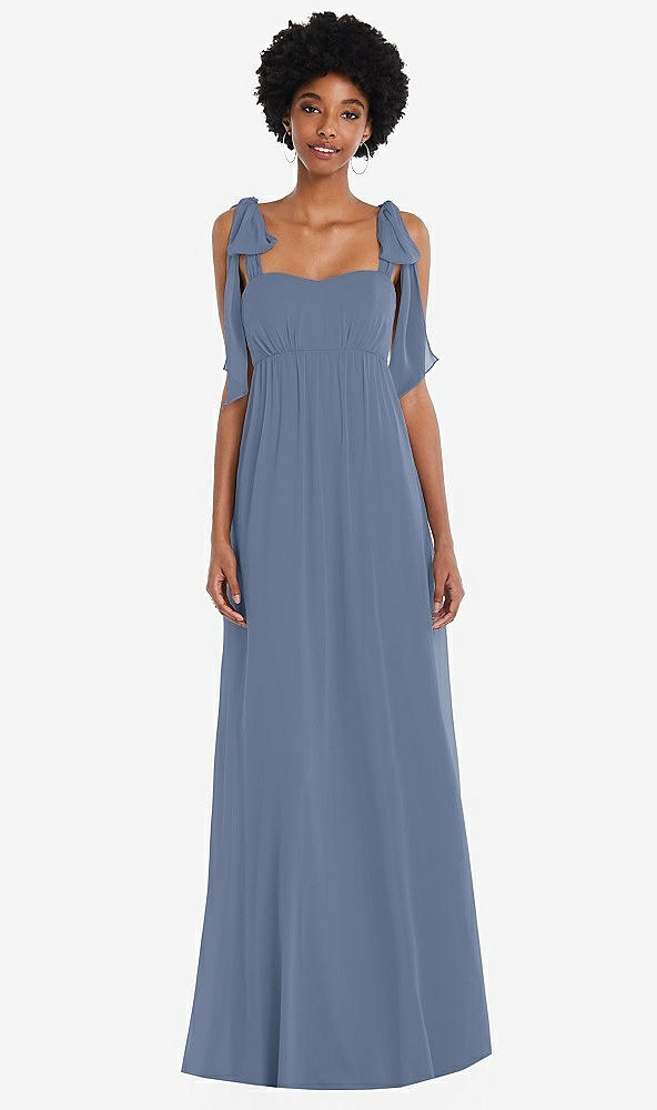 Front View - Larkspur Blue Convertible Tie-Shoulder Empire Waist Maxi Dress