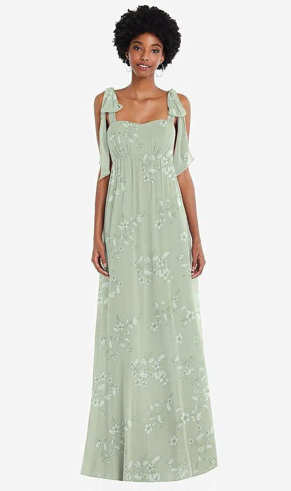 Front View - Vintage Primrose Sage Convertible Tie-Shoulder Empire Waist Maxi Dress