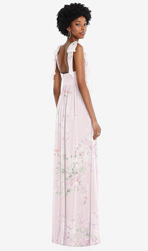 Back View - Watercolor Print Convertible Tie-Shoulder Empire Waist Maxi Dress