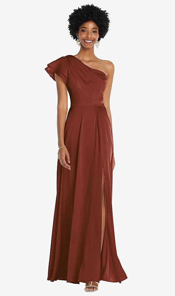 Front View - Auburn Moon Draped One-Shoulder Flutter Sleeve Maxi Dress with Front Slit