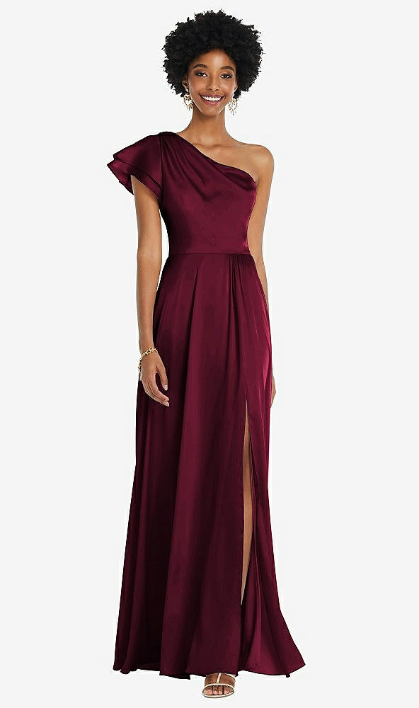 Front View - Cabernet Draped One-Shoulder Flutter Sleeve Maxi Dress with Front Slit