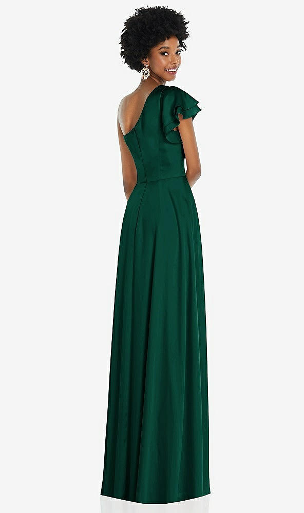 Back View - Hunter Green Draped One-Shoulder Flutter Sleeve Maxi Dress with Front Slit