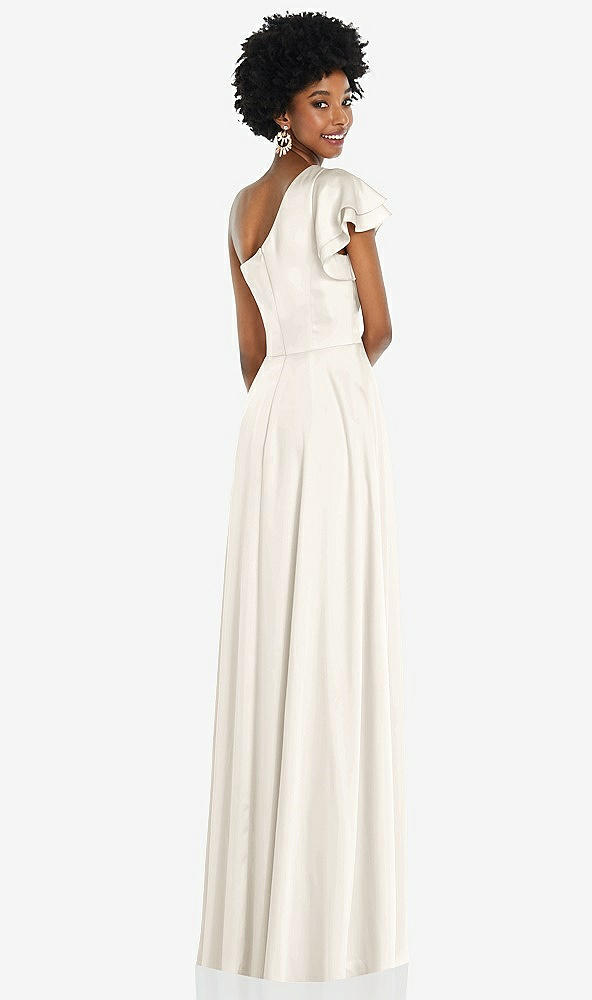 Back View - Ivory Draped One-Shoulder Flutter Sleeve Maxi Dress with Front Slit