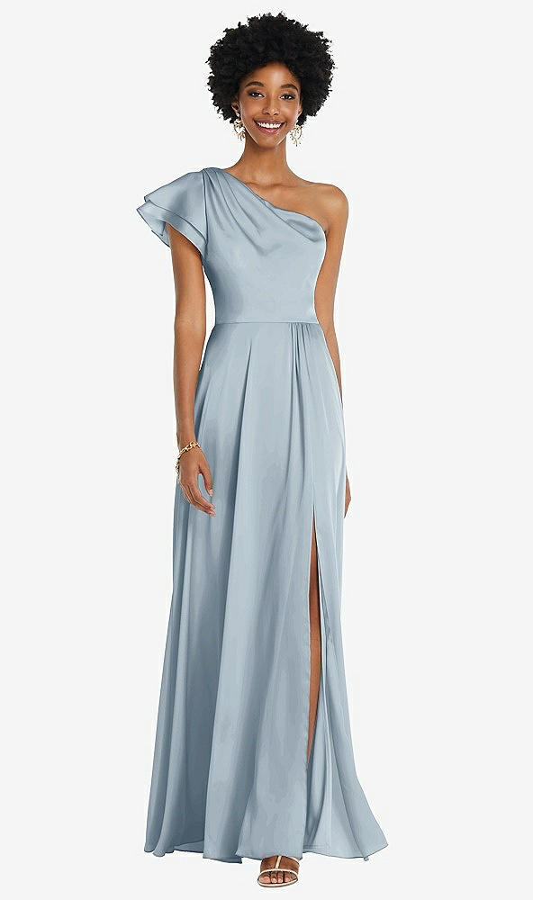 Front View - Mist Draped One-Shoulder Flutter Sleeve Maxi Dress with Front Slit