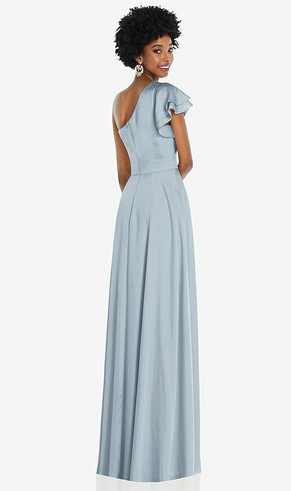 Back View - Mist Draped One-Shoulder Flutter Sleeve Maxi Dress with Front Slit