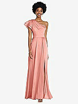 Front View Thumbnail - Rose - PANTONE Rose Quartz Draped One-Shoulder Flutter Sleeve Maxi Dress with Front Slit