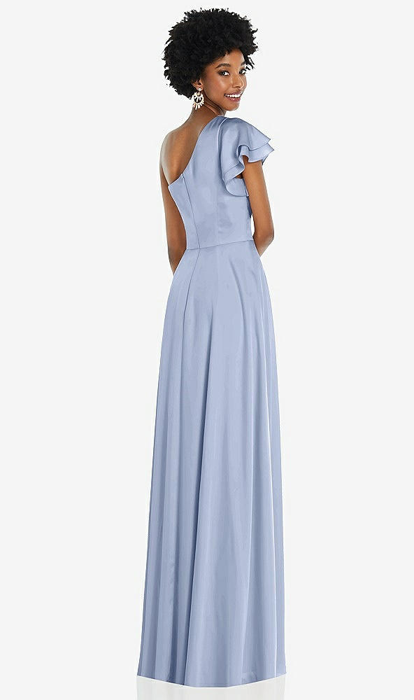 Back View - Sky Blue Draped One-Shoulder Flutter Sleeve Maxi Dress with Front Slit