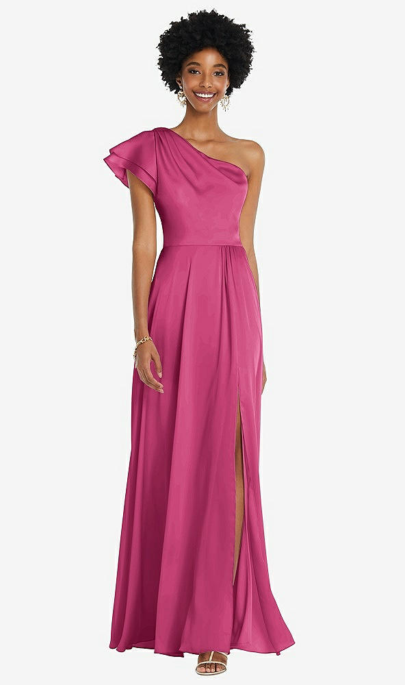 Front View - Tea Rose Draped One-Shoulder Flutter Sleeve Maxi Dress with Front Slit