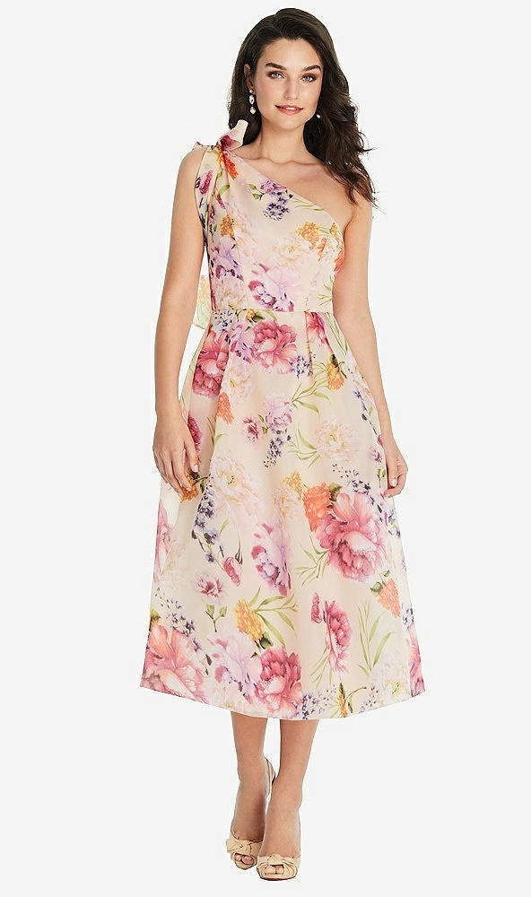 Front View - Penelope Floral Print Scarf-Tie One-Shoulder Pink Floral Organdy Midi Dress 