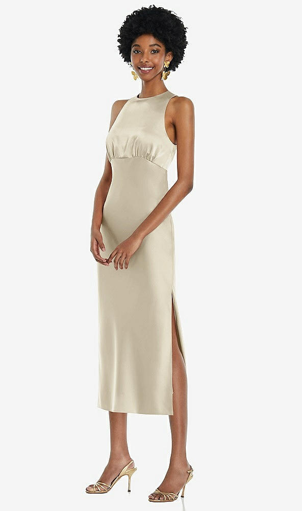 Front View - Champagne Jewel Neck Sleeveless Midi Dress with Bias Skirt