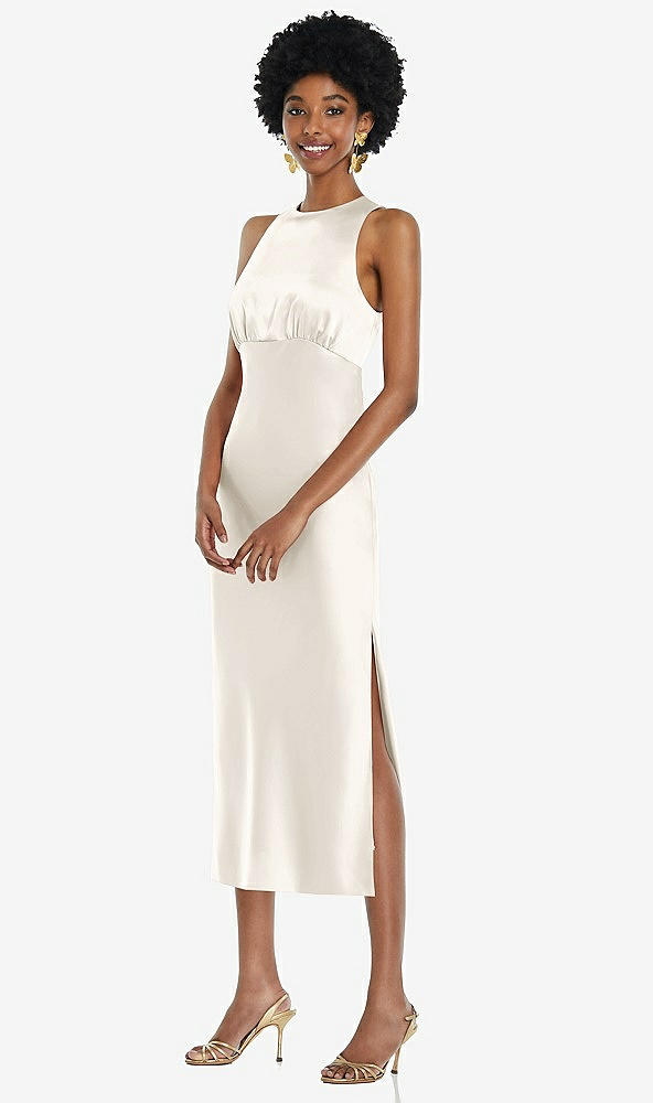 Front View - Ivory Jewel Neck Sleeveless Midi Dress with Bias Skirt