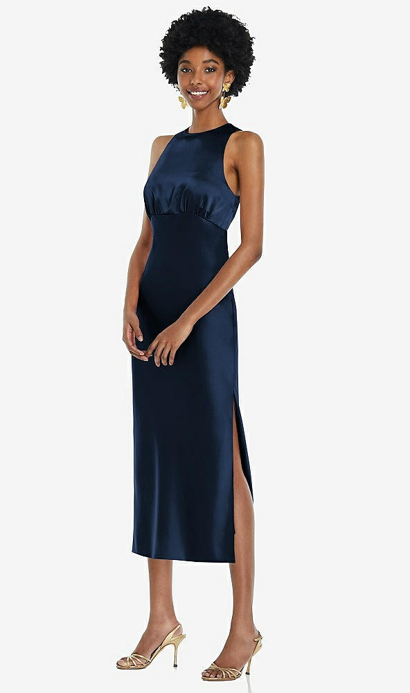 Front View - Midnight Navy Jewel Neck Sleeveless Midi Dress with Bias Skirt