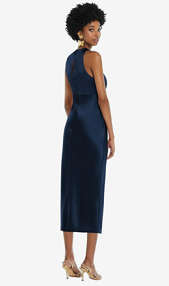 Back View - Midnight Navy Jewel Neck Sleeveless Midi Dress with Bias Skirt