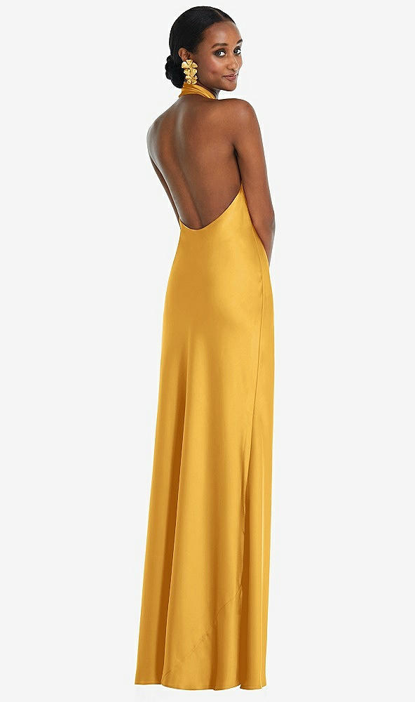 Back View - NYC Yellow Scarf Tie Stand Collar Maxi Dress with Front Slit