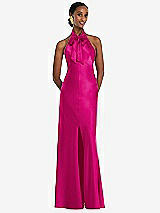 Front View Thumbnail - Think Pink Scarf Tie Stand Collar Maxi Dress with Front Slit