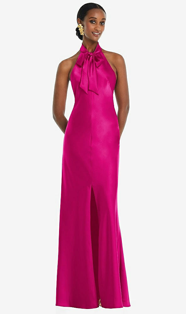 Front View - Think Pink Scarf Tie Stand Collar Maxi Dress with Front Slit