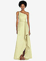 Alt View 1 Thumbnail - Butter Yellow One-Shoulder Satin Gown with Draped Front Slit and Pockets