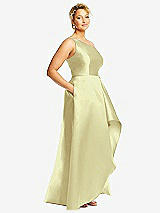 Side View Thumbnail - Butter Yellow One-Shoulder Satin Gown with Draped Front Slit and Pockets