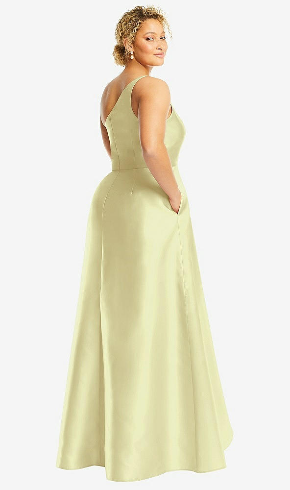 Back View - Butter Yellow One-Shoulder Satin Gown with Draped Front Slit and Pockets