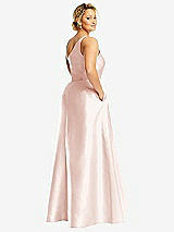 Rear View Thumbnail - Blush One-Shoulder Satin Gown with Draped Front Slit and Pockets