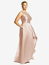 Side View Thumbnail - Cameo One-Shoulder Satin Gown with Draped Front Slit and Pockets