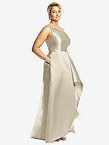 Side View Thumbnail - Champagne One-Shoulder Satin Gown with Draped Front Slit and Pockets