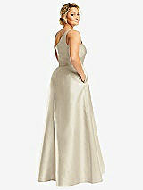 Rear View Thumbnail - Champagne One-Shoulder Satin Gown with Draped Front Slit and Pockets