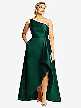 Front View Thumbnail - Hunter Green One-Shoulder Satin Gown with Draped Front Slit and Pockets