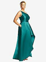 Side View Thumbnail - Jade One-Shoulder Satin Gown with Draped Front Slit and Pockets