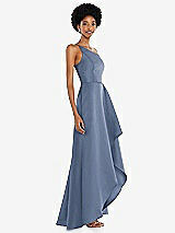 Alt View 2 Thumbnail - Larkspur Blue One-Shoulder Satin Gown with Draped Front Slit and Pockets