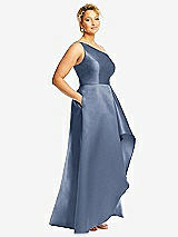 Side View Thumbnail - Larkspur Blue One-Shoulder Satin Gown with Draped Front Slit and Pockets