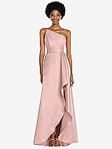 Alt View 1 Thumbnail - Rose One-Shoulder Satin Gown with Draped Front Slit and Pockets