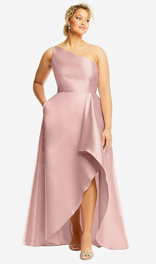 Front View - Rose One-Shoulder Satin Gown with Draped Front Slit and Pockets