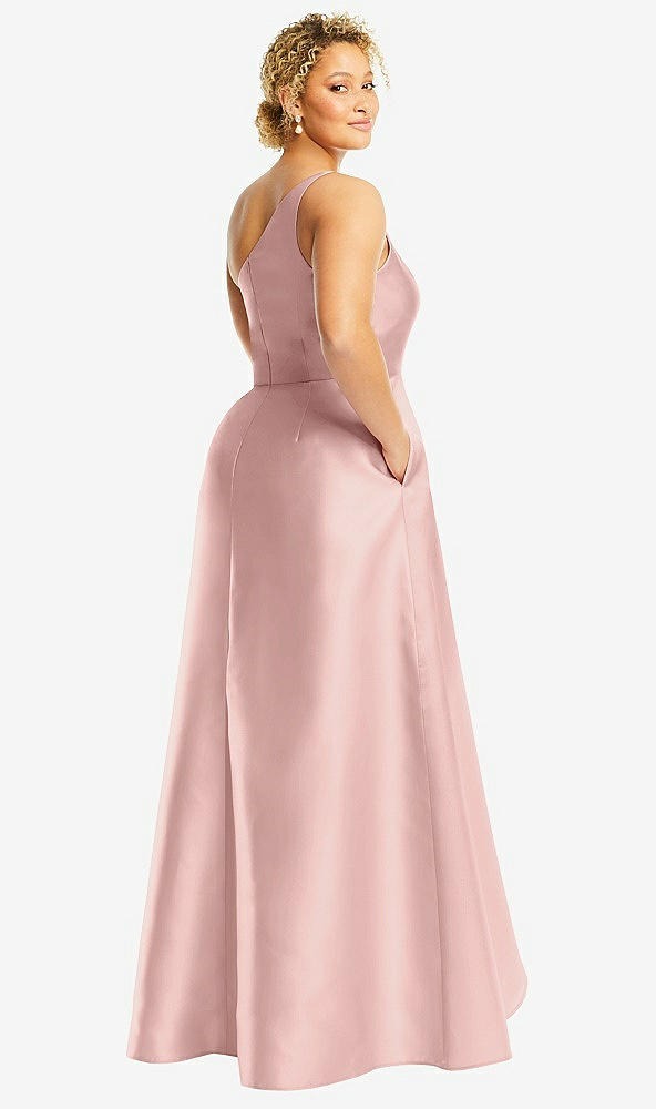 Back View - Rose One-Shoulder Satin Gown with Draped Front Slit and Pockets